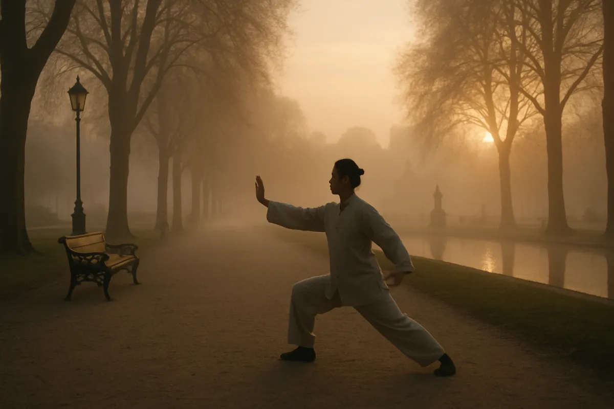 A person practising Tai Chi at dawn in a misty European park